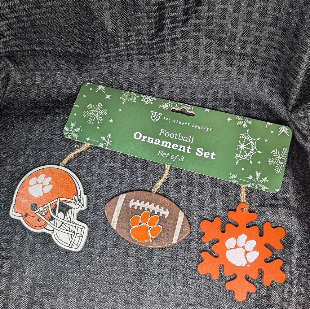 The Memory Company Clemson Tigers Collegiate Football Ornament Set.